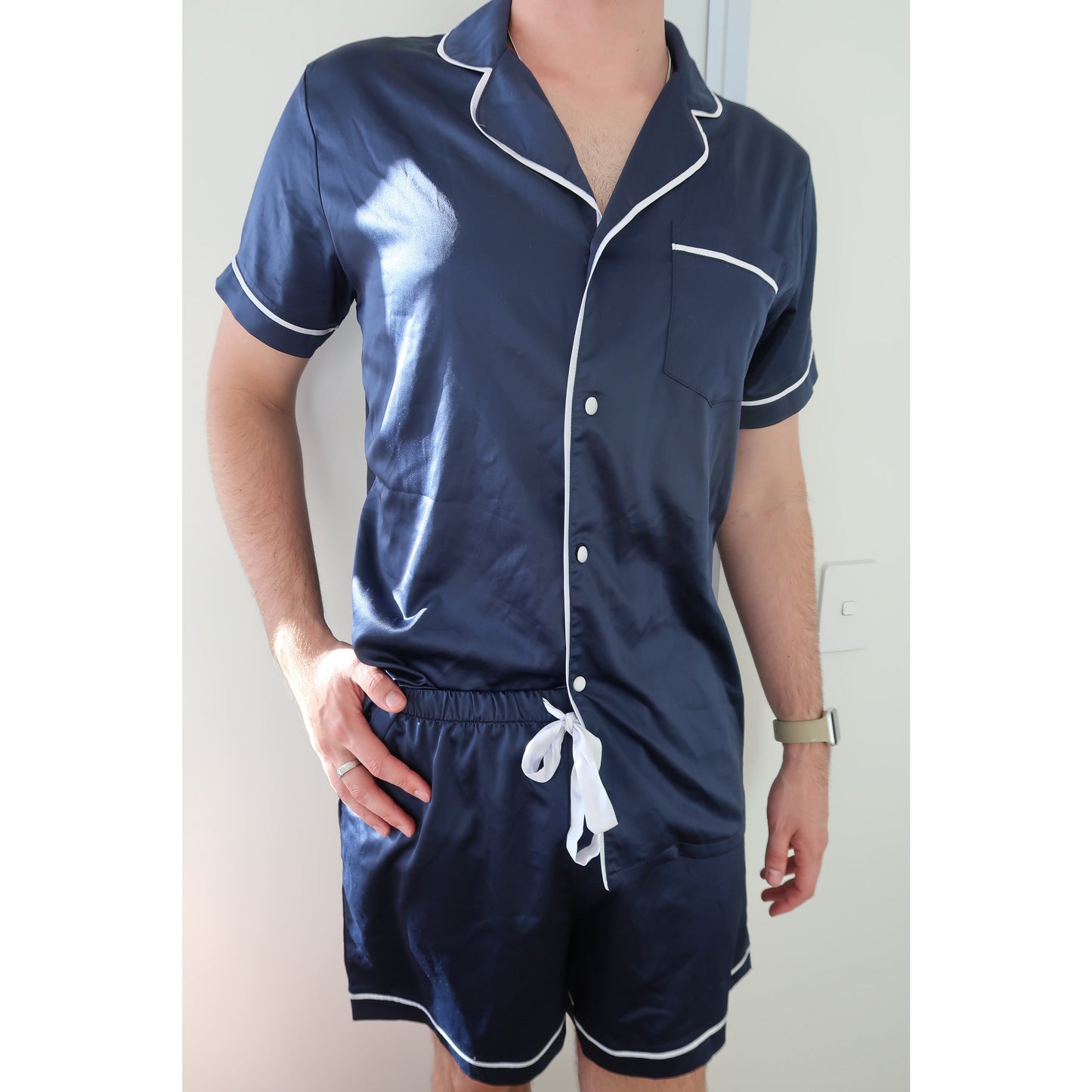 Mens Short Navy Satin Pyjama Set
