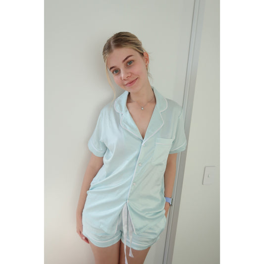 Short Light Blue Satin Pyjama Set