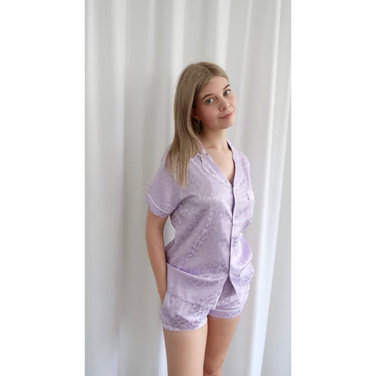 Short Lilac Leopard Satin Pyjama Set