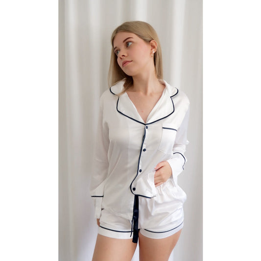 White/Navy Long Sleeve + Shorts Pyjama Set